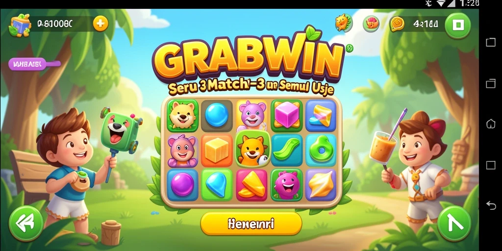 Tangkapan layar utama gameplay Match-3 dari GRABWIN yang penuh warna.