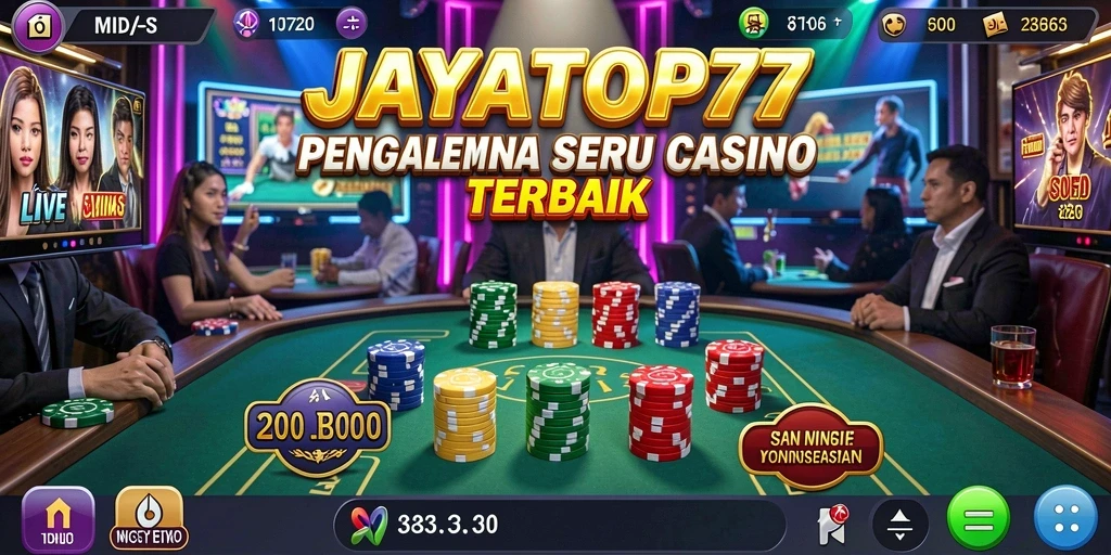 Tangkapan layar JAYATOP77 menampilkan dealer profesional dan suasana kasino yang menarik.