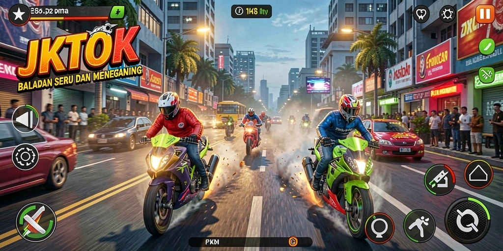 Tampilan gameplay JKTOK dengan aksi balapan yang mendebarkan.