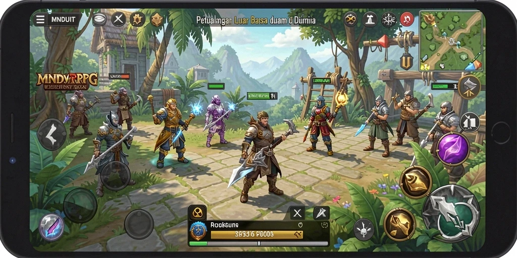 Screenshot utama MNDUIT menampilkan pertarungan epik dalam dunia fantasi.