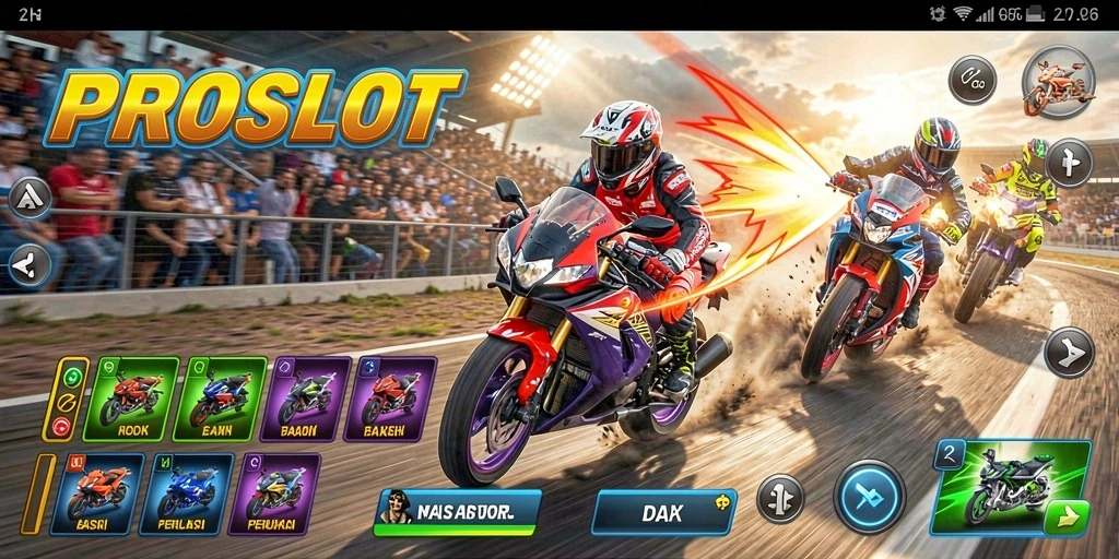 Tangkapan layar gameplay PROSLOT menampilkan balapan motor yang mendebarkan.
